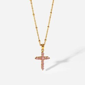 18K Gold Plated Pink Cubic Zirconia Cross Pendant Necklace